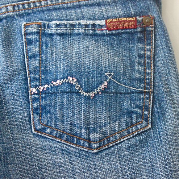 7 For All Mankind Blue Bootcut Medium Wash Denim Jeans with Pink Rhinestone 26 - Picture 8 of 11